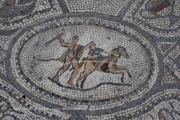 Image du Maroc Professionnelle de  Une mosaïque représentant une scène de la mythologie grecque dans les ruines de Volubilis,  l'un des sites les mieux préservés au Maroc et le plus visité. Il se situe à proximité de Moulay Idriss Zerhoun à une trentaine de km au nord-ouest de Meknès, photo prise le jeudi 8 Mars 2012. Volubilis ville antique berbère Walili (Lauriers rose) qui date du 3e siècle avant J.-C. capitale du royaume de Maurétanie fondé comme seconde capital sous le règne de Juba II. (Photo / Abdeljalil Bounhar)
 